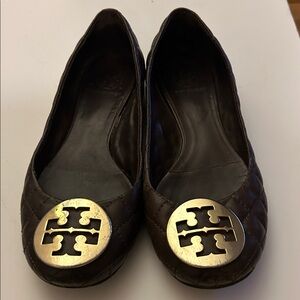 Tory Burch Chelsea Quilted Ballet Flats In Brown Leather 7.5 Gold